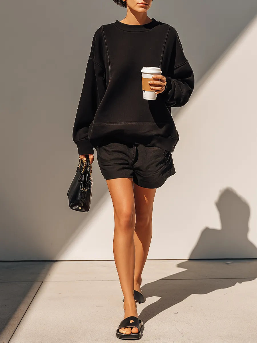Women's Solid Black Cotton Fabric Co-Ord With Long Sleeve Loose Sweat Top & Relaxed Fit Casual Shorts, Modern Effortless-Chic Daily Athleisure Outfit MDZ2630F7LYL