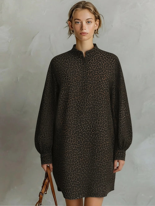 Women's Fashionable Brown Leopard Print Loose Open Neckline Long Sleeve Dress MDA1895L2AN
