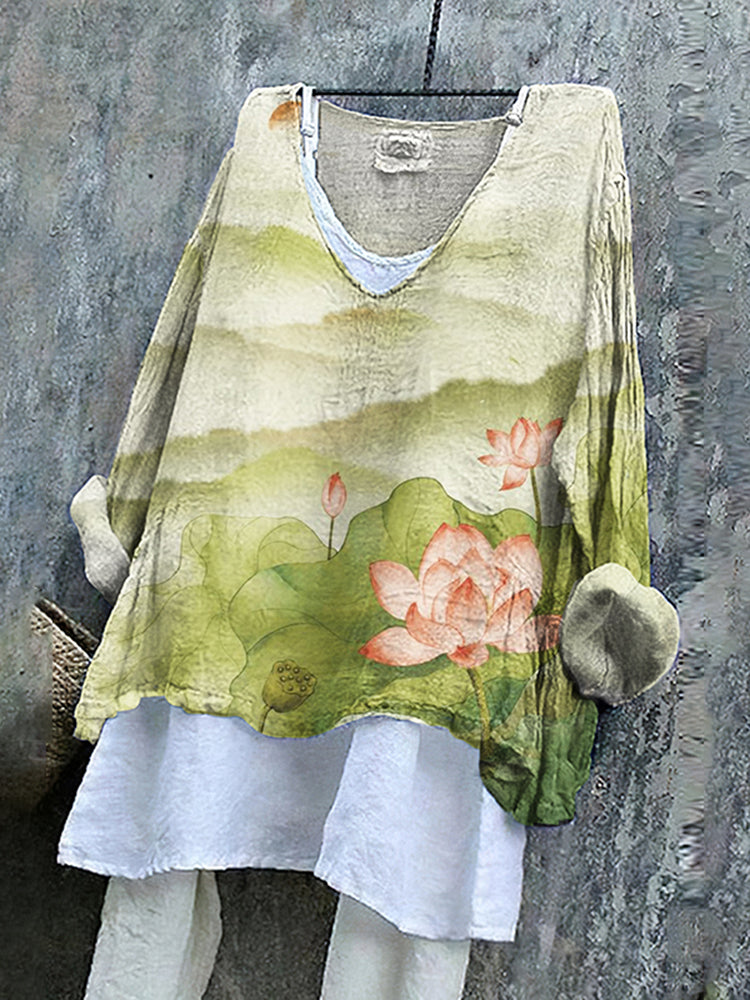 Vintage Flowers Art Linen Blend Tunic