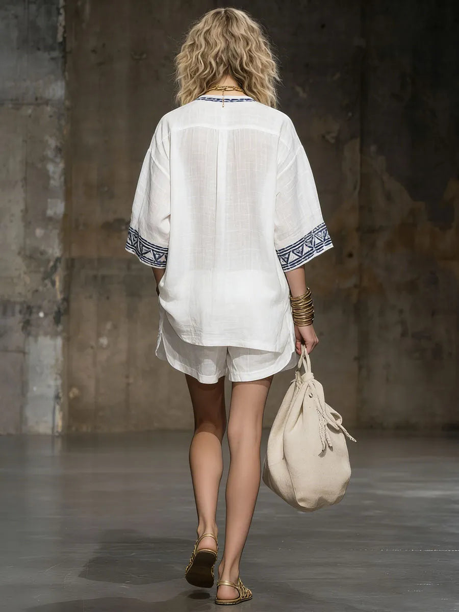 Bohemian Embroidered White Cotton And Linen Short-sleeved Shirt And Shorts Set
