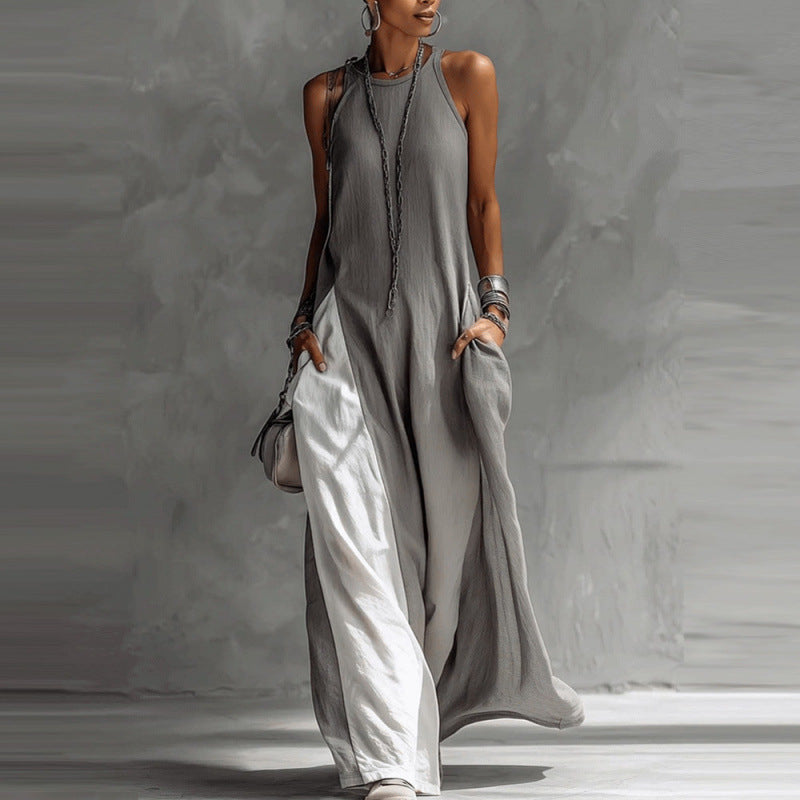 Stylertime Avant-Garde Halter Maxi Dress - Contrast Color-Block Loose Fit Art-Style Gown