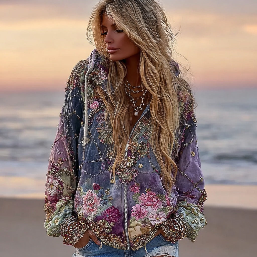 Women's Bohemian Geometric Floral Gradient Zip-up Hoodie