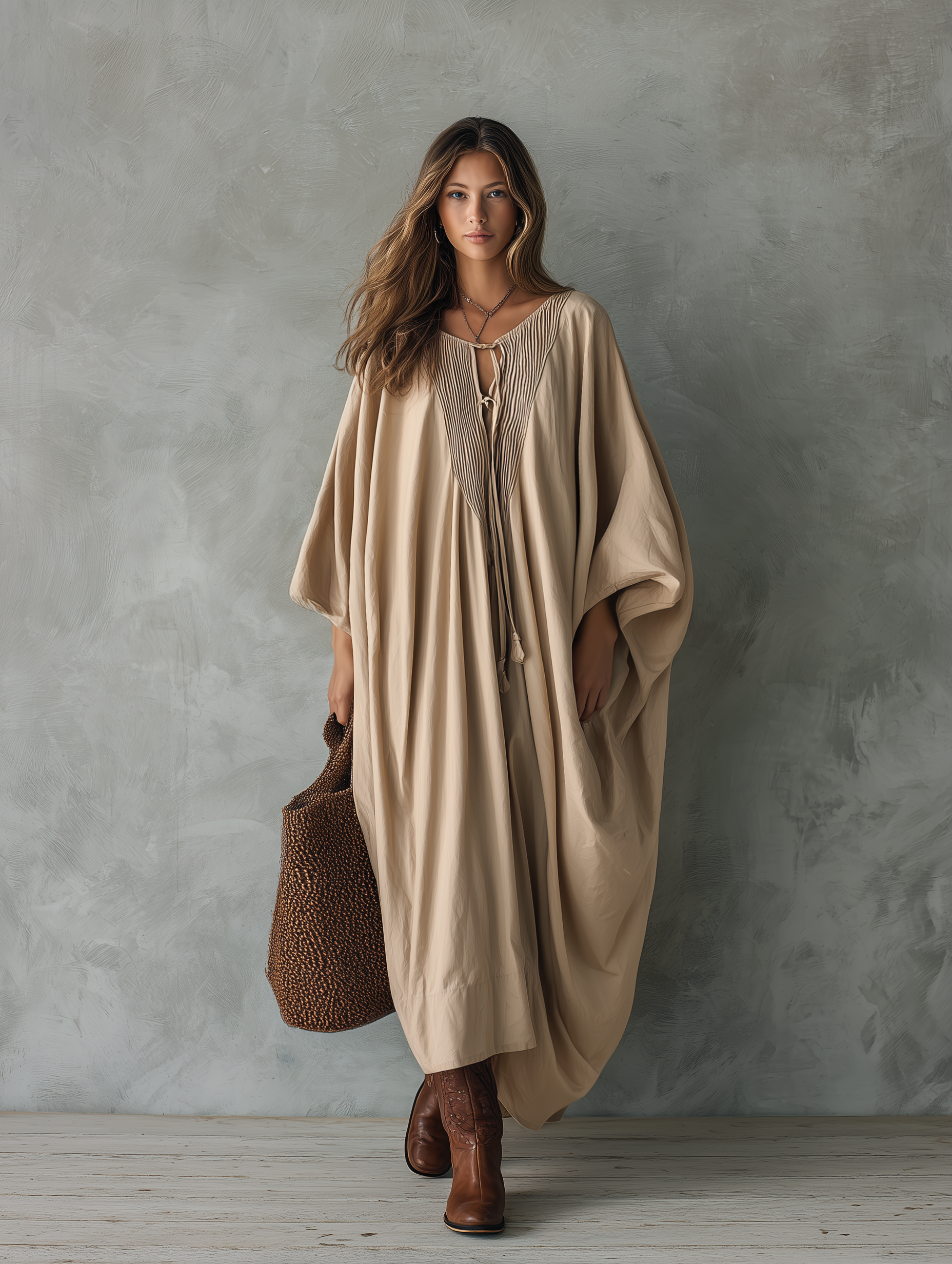 Women's Casual Khaki Woven V-Neck Batwing-Sleeve Maxi Dress MDZ2446G5LXY