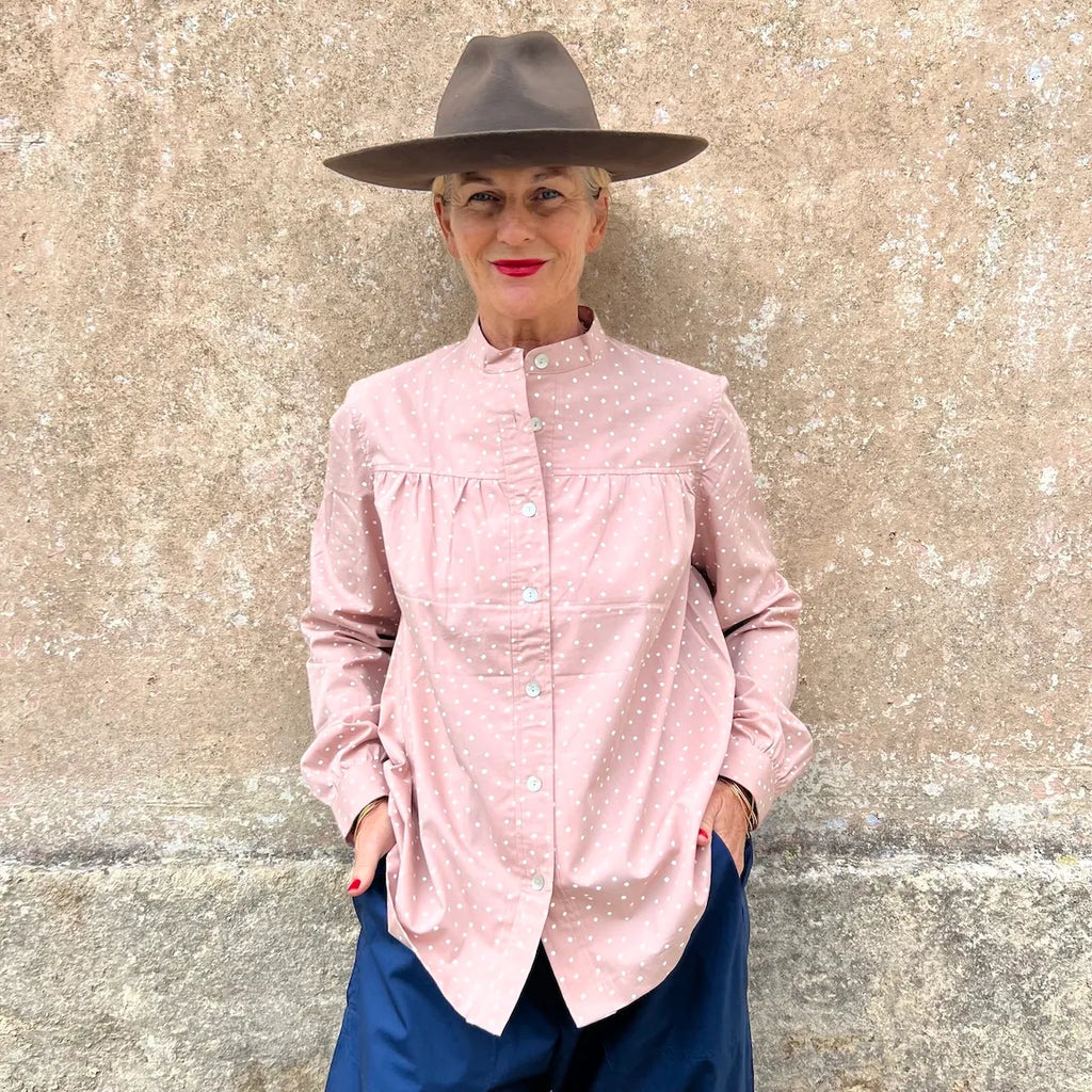 Blouse Small Polka Dots N. 18 - French Vintage Gathered Shirt with Mandarin Collar | Dadihouse