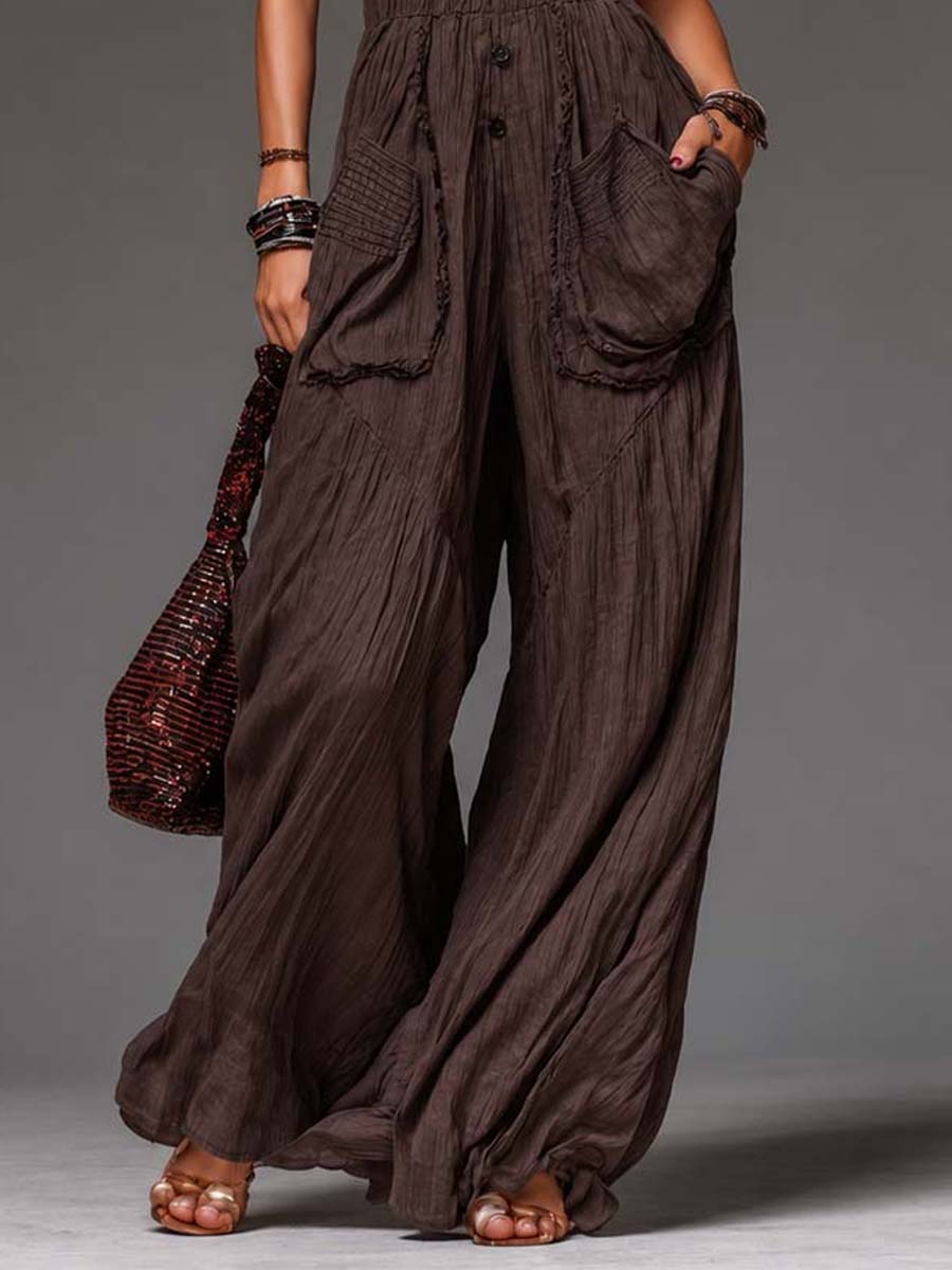 Chocolate Brown Crinkled Cotton Halter Lace Wide-Leg Jumpsuit