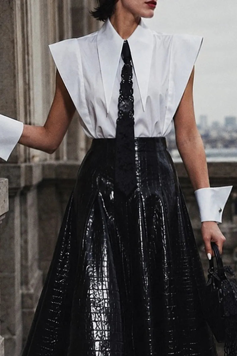 Women's Fashion Wide Shoulder Shirts & Leather Mesh Panel Skirt