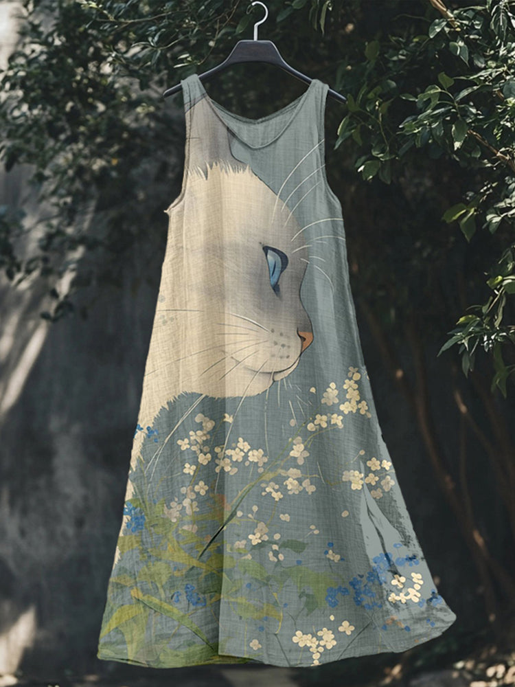 Lovely Cat & Flowers Art Linen Flowy Tank Dress