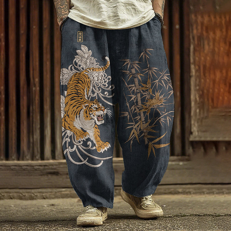 Men's Retro Japanese Tiger And Bamboo Art Pattern Linen Blend Pants