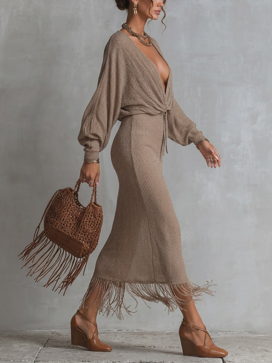 Taupe Deep V-Neck Stretch Maxi Dress