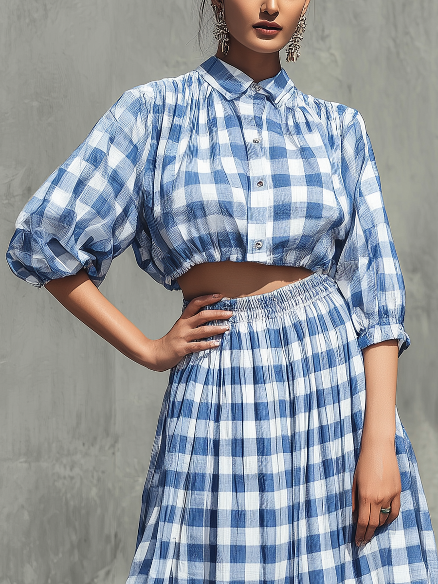 Women’s Blue White Gingham Plaid Lapel Collar Puff Half Sleeve Cropped Shirt & Elastic High Waist Flowy Maxi Skirt Two Piece Matching Set MDZ3010F9T