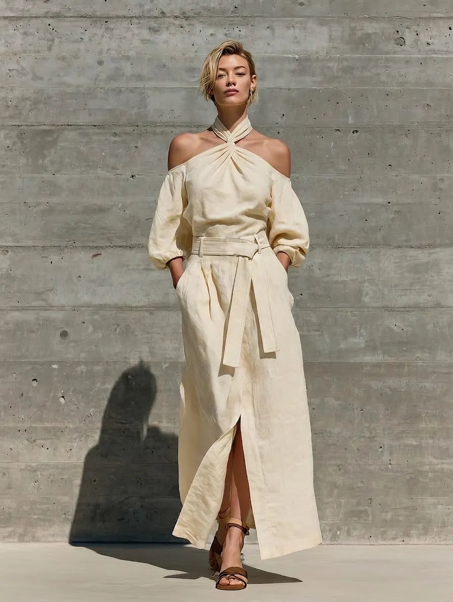 Women’s Cream Linen Twist Halter Off Shoulder Puff Elbow Sleeve Self Belt Waist Front Split Maxi Dress MDZ0278G5T