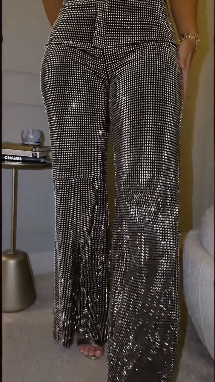 Rhinestone‑Embellished Flare Pants