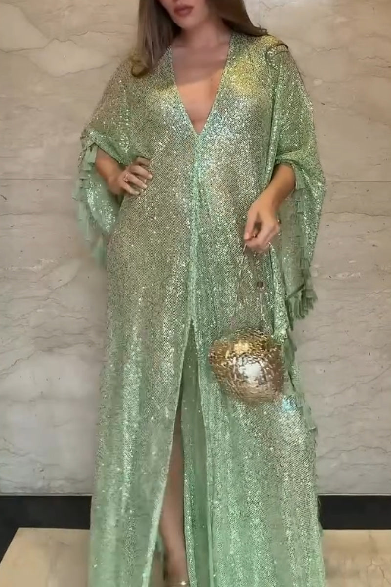 Womens V-neck Sequined Tassel Dress with Elegant Temperament