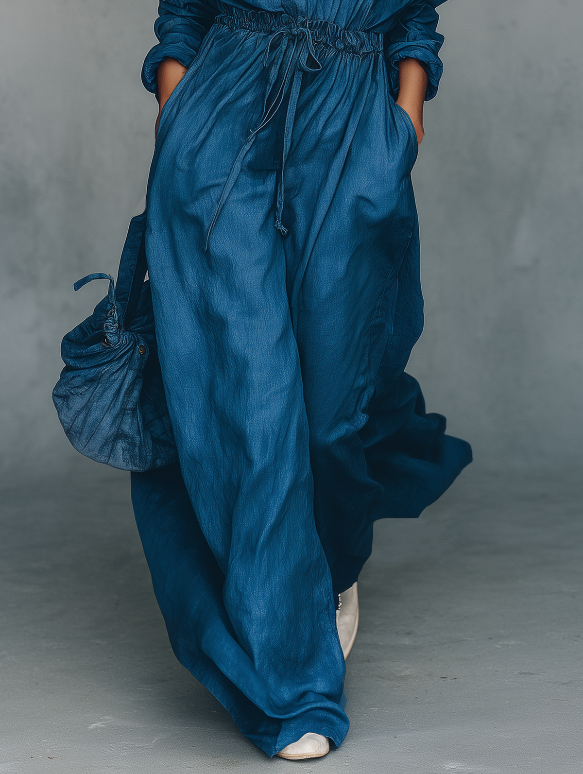 Women's Minimalist Linen-Blend Long-Sleeve Wide-Leg Jumpsuit With Drawstring Waist MDZ2056G4WY