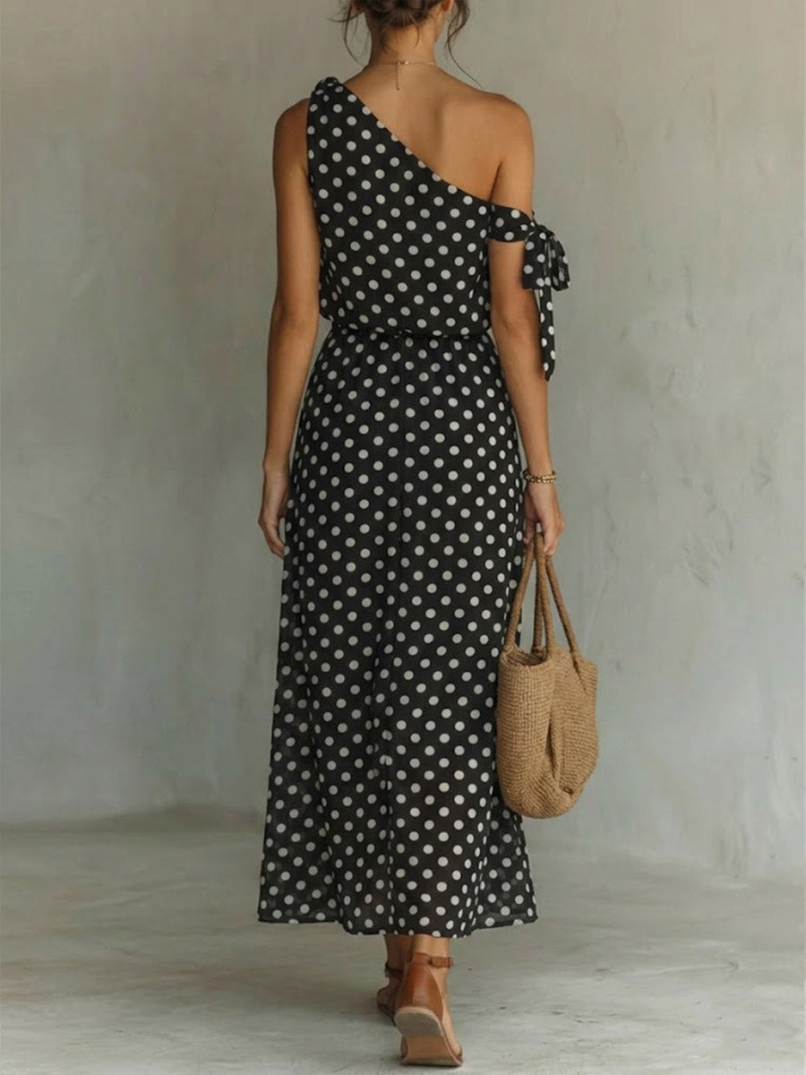 Women's Off-shoulder Sleeveless Casual Loose Polka Dot Print Dress