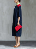 Navy Blue Red Colorblock Round Neck Midi Dress