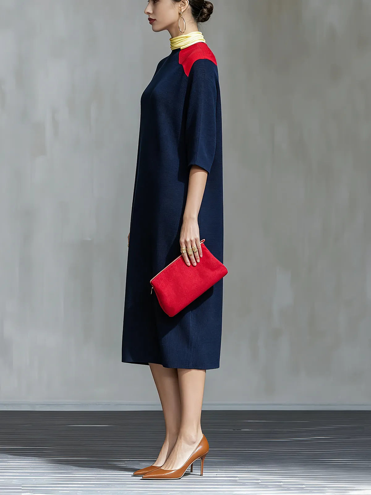 Navy Blue Red Colorblock Round Neck Midi Dress