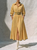 Women's Retro Style Yellow Cotton Blend Striped Collared Long Sleeve Belted Button-Front Contrast Trim Midi Shirt Dress MDZ1572G3ZSQ