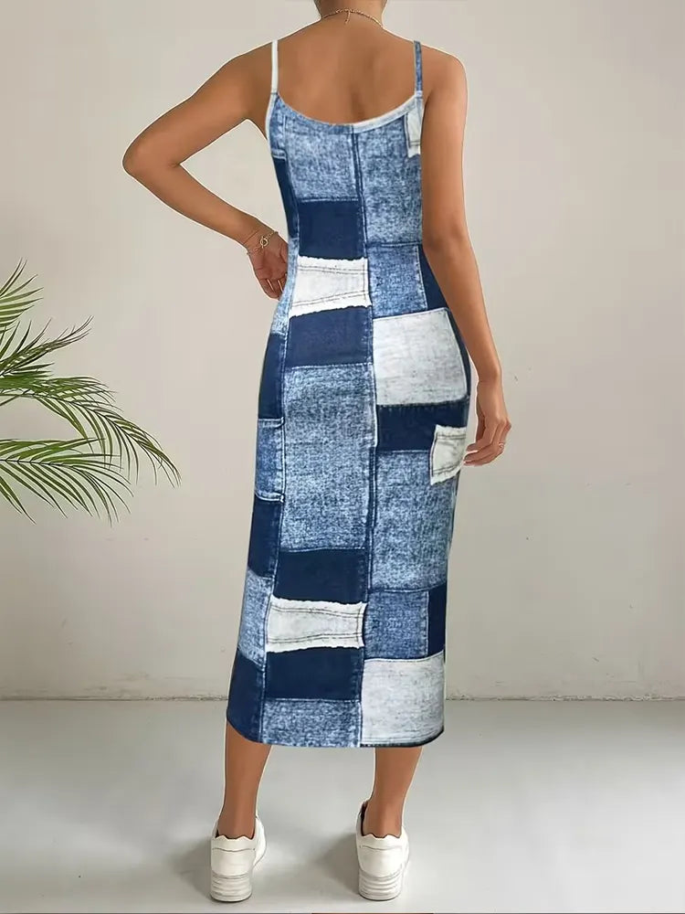 Women Suspender Patched Casual Denim Dress