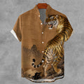 Men's Vintage Tiger Japanese Art Print Button Shirt