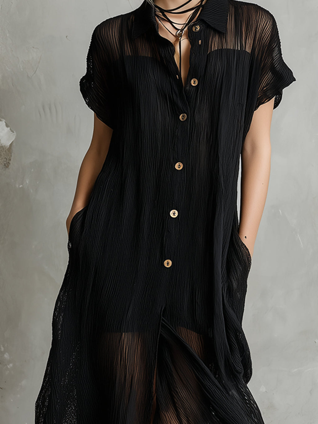 Stylish black short-sleeved loose single-breasted dress with slip dress