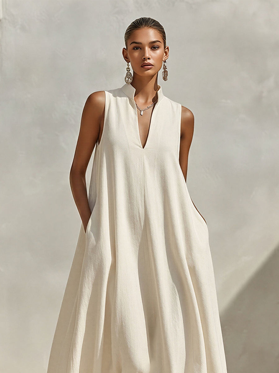 Women's Cream Linen-Blend Sleeveless Maxi Dress With Stand Collar & V-Neck, Timeless Minimalist Summer Dress MDZ0806E9LYL