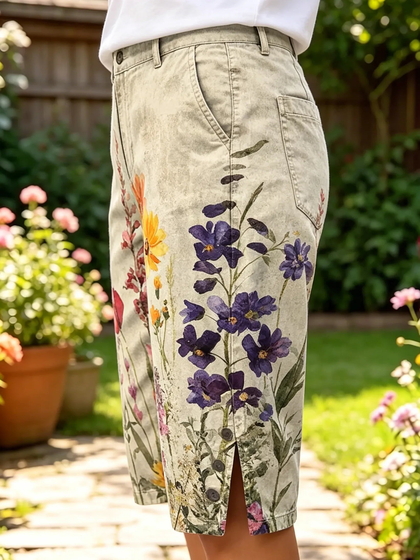Vintage Flowers Women's Art Print Casual Cotton Denim Pants