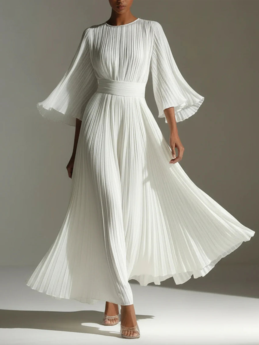 Formal White Round Neck Flare 3/4 Sleeve Pleated Elegant Chiffon Maxi Dresses