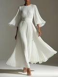 Formal White Round Neck Flare 3/4 Sleeve Pleated Elegant Chiffon Maxi Dresses