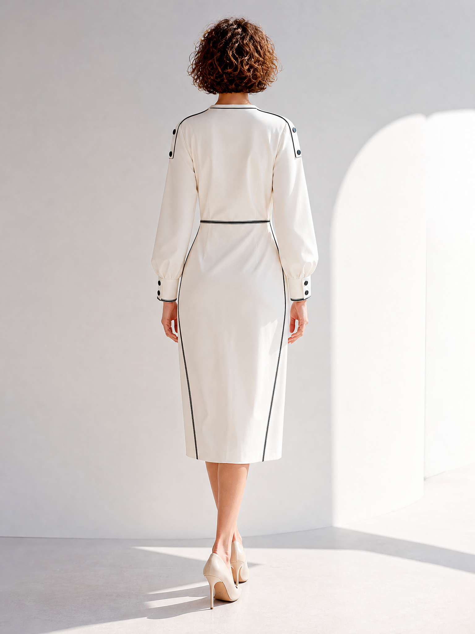 Women's Elegant Refined White Contrast-Piping V-Neck Long-Sleeve Belted Midi Dress MDZ2222G7CMX