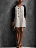 Women's Retro Linen Off White Spliced Black Cotton Blend Linen Raglan Double Breasted Mini Dress MDZ1087G5GMJ