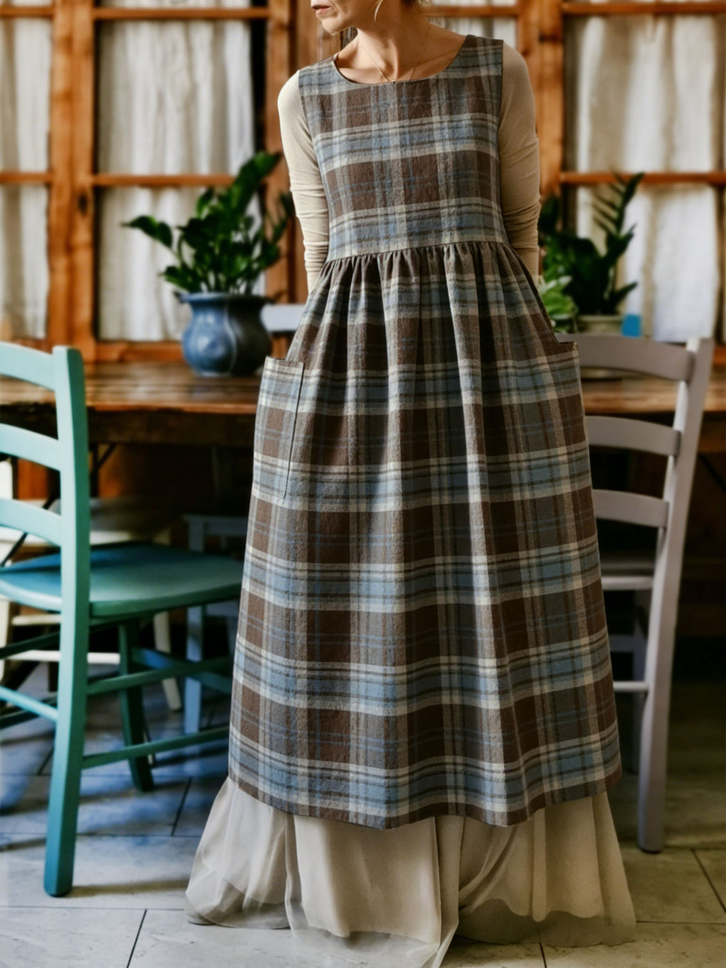 Earthy Brown & Blue Plaid Apron
