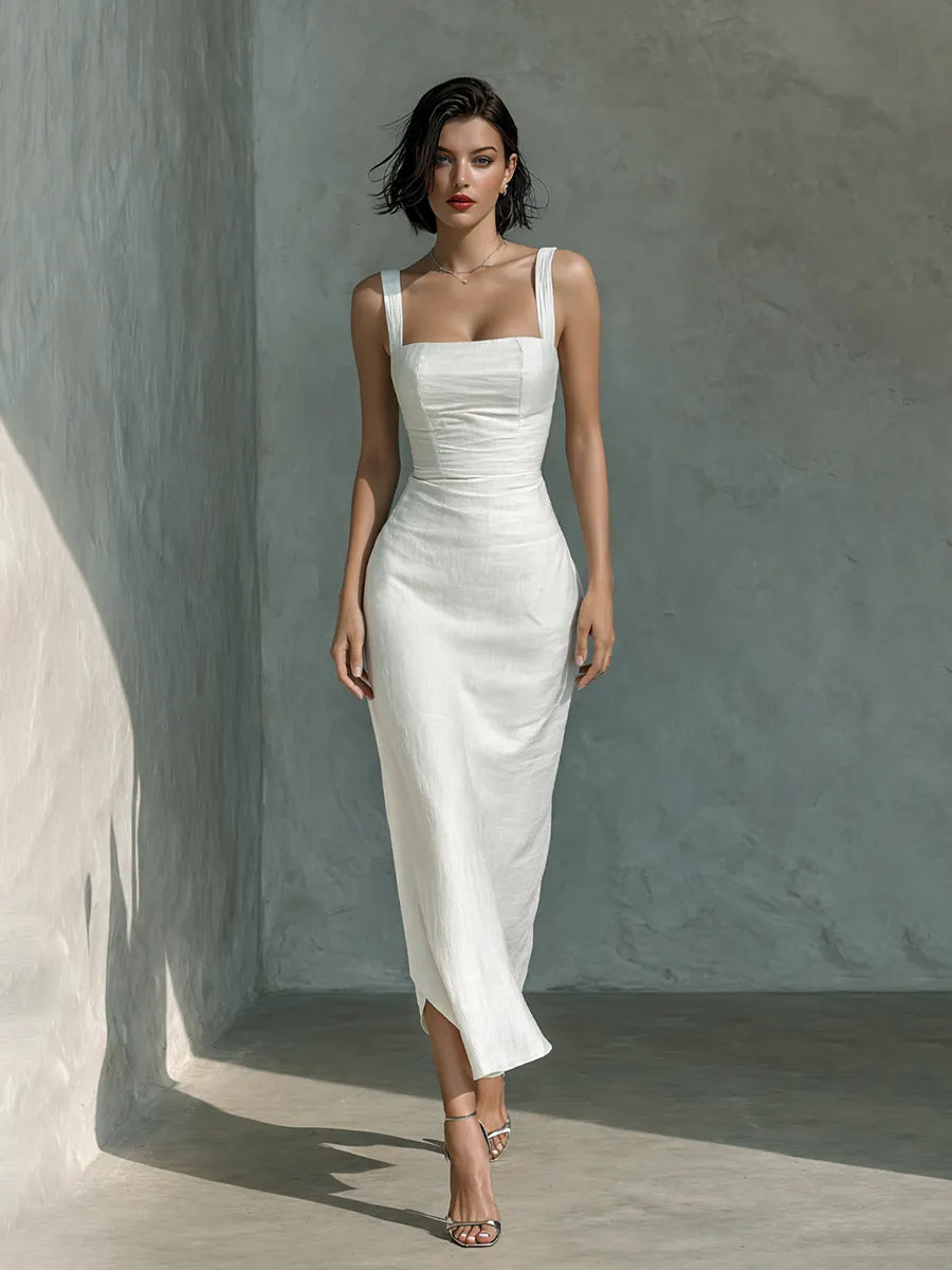 Women's Simple White Cotton And Linen Blend Sleeveless Midi Dress MDZ1204A3BA