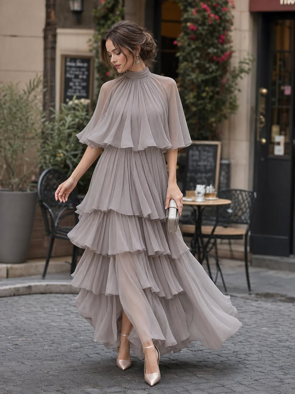 Tiered Pleated Cape Maxi Dress