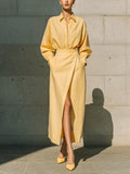 Women's Pale Yellow Cotton-linen Blend Collared Oversized Button Down Shirt Wrap Asymmetric Button Split Midi Skirt Two Piece Set MDZ1723G2YZJ
