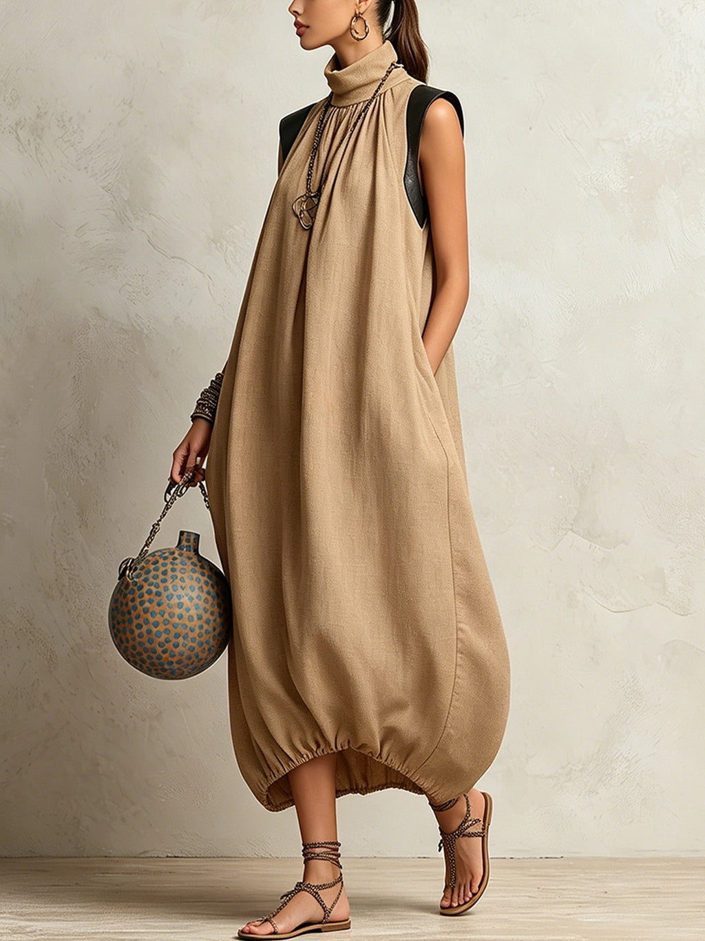 Camel High Neck Sleeveless Maxi Dress With Gathered Hem And Contrast Shoulder Detail