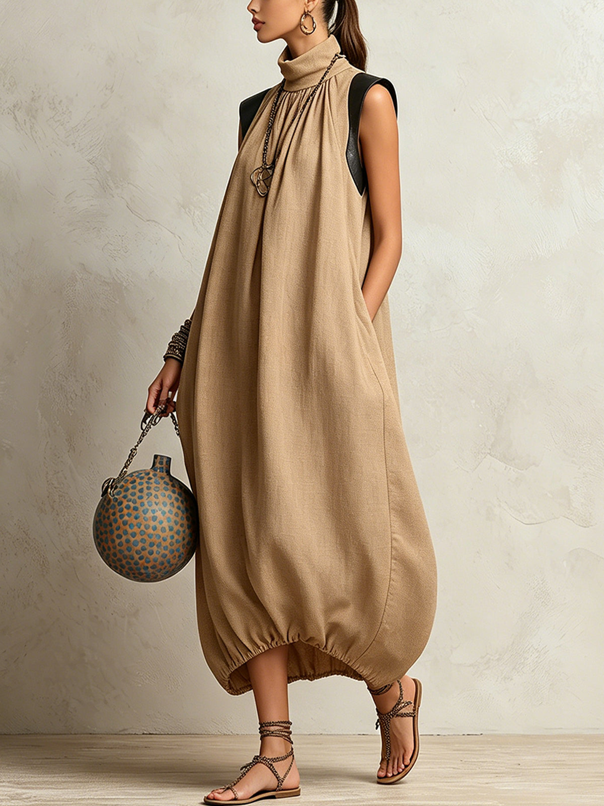 Camel High Neck Sleeveless Maxi Dress With Gathered Hem And Contrast Shoulder Detail