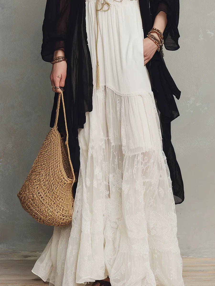 Black Sheer Duster & Ivory Lace Tiered  ¨C Modern Bohemian Elegance Maxi Skirt