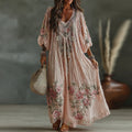 Women's Vintage Floral Art Flowy Linen Blend Casual Long Sleeve Maxi Dress