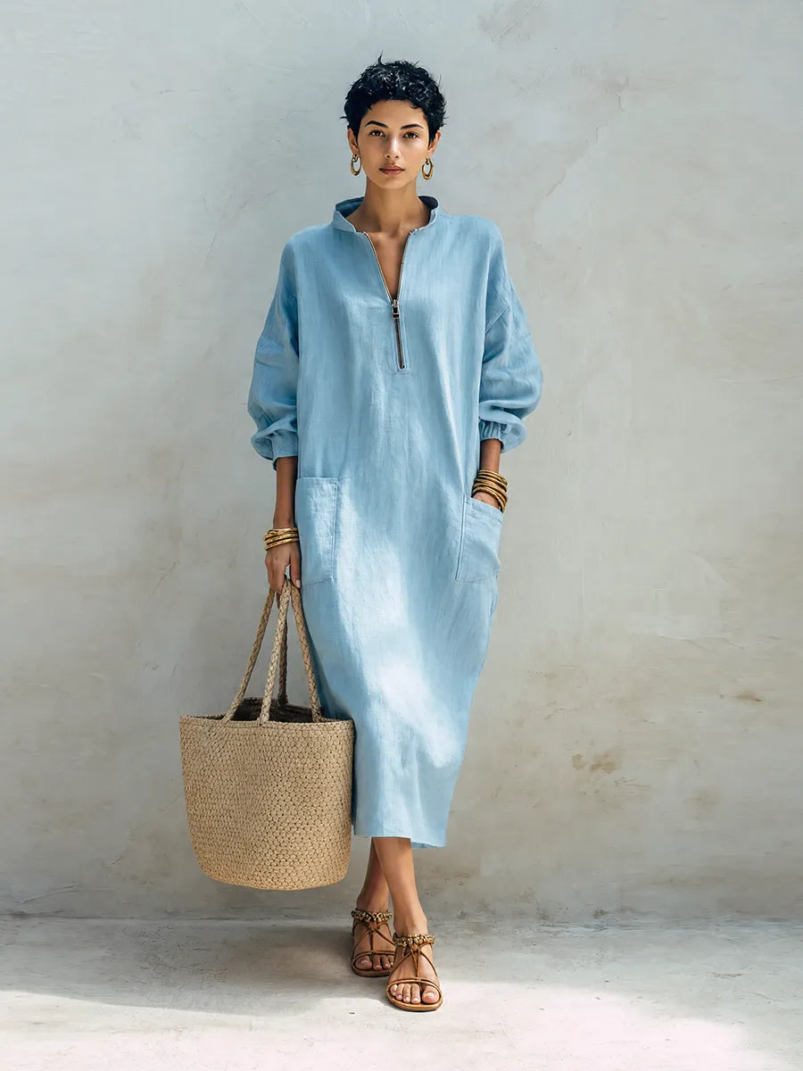 Women's Coastal Style Light Blue Linen Blend Stand Collar Half-Zip Long Sleeve Patch Pocket Oversized Maxi Dress MDZ1386G8ZSQ