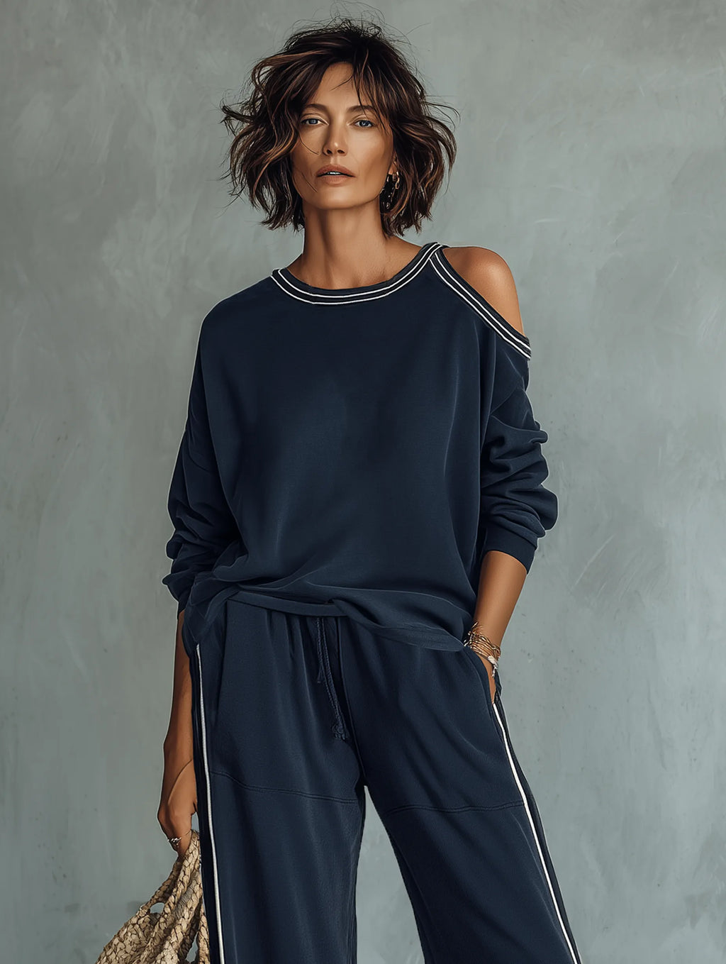 Women's Casual One-Shoulder Long-Sleeve Sweatshirt And Wide-Leg Pants Set MDZ3049F9WY