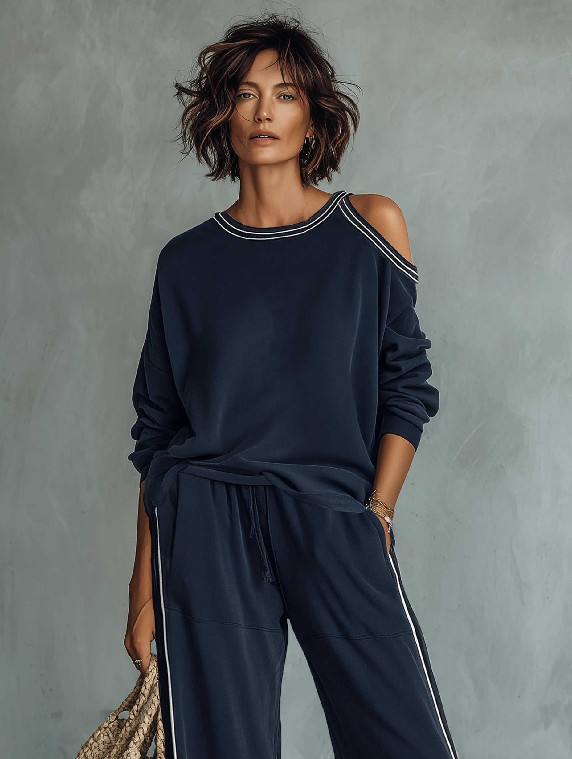 Women's Casual One-Shoulder Long-Sleeve Sweatshirt And Wide-Leg Pants Set MDZ3049F9WY