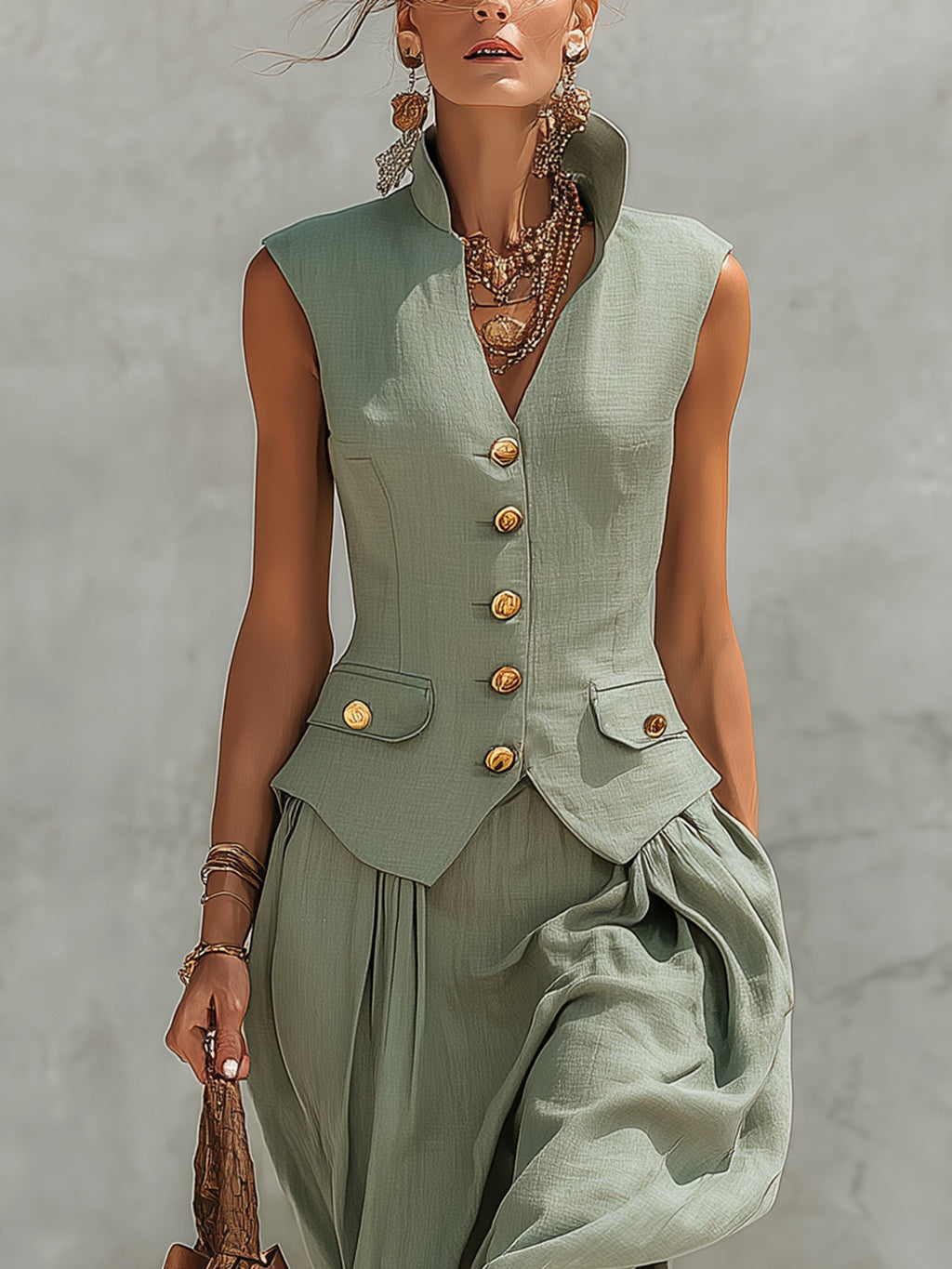 Green Sleeveless Vest And Culottes Set