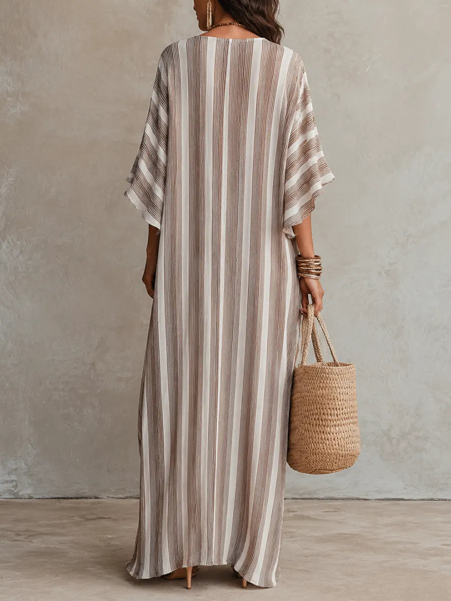 Neutral Striped Kaftan  ¨C Effortless Bohemian Resort Style Maxi Dress