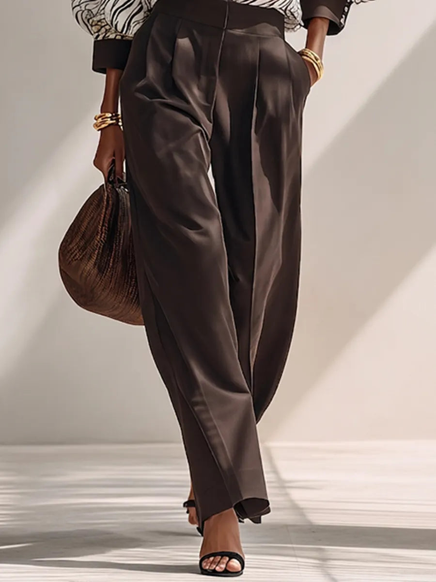Women's Minimalist Lightweight Zebra-Print Long-Sleeve Shirt & Solid Brown Wide-Leg Trousers Two-Piece Set MDZ0696G1ZRK