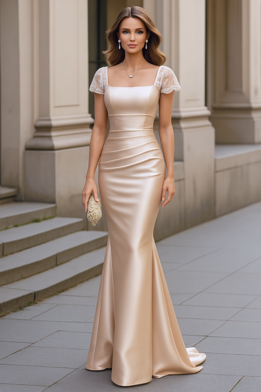 Formal Wedding Guest Dress Gold Square Neck Satin Maxi Dress