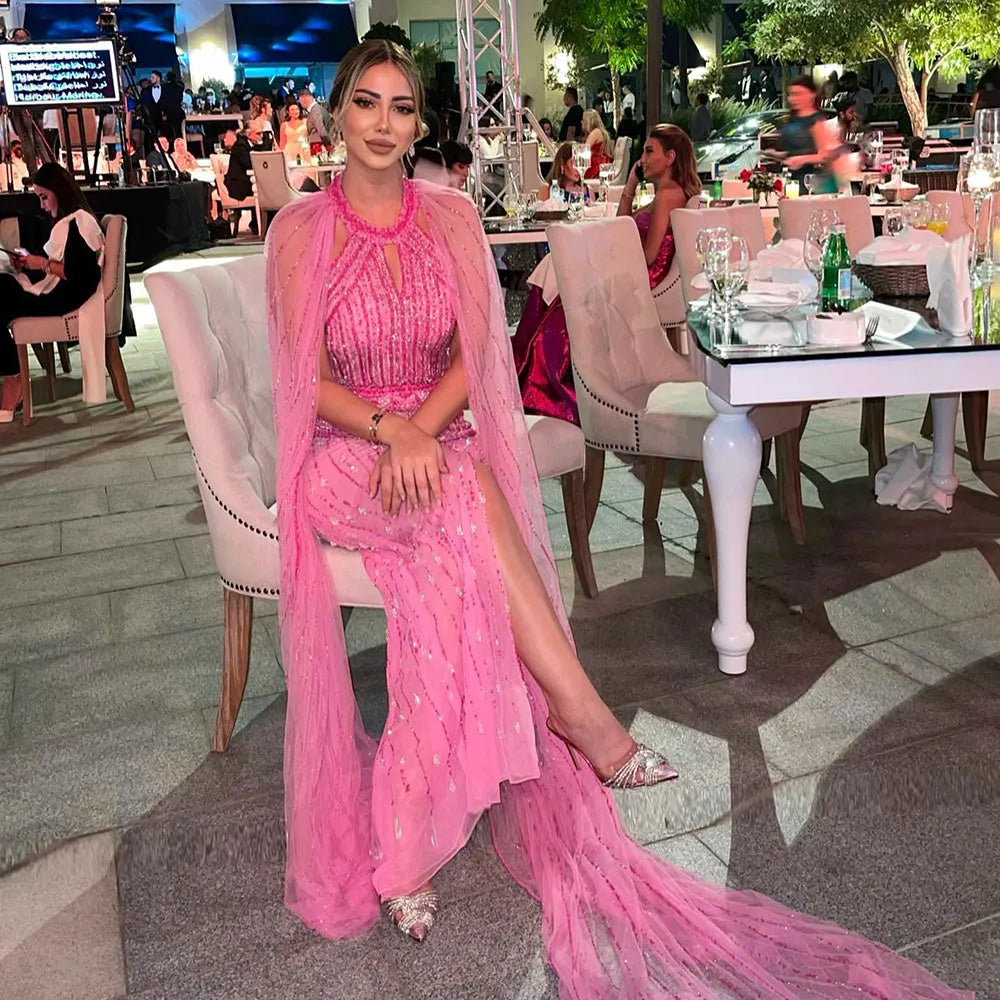 DreamyVow  Luxury Dubai Mermaid Pink Evening Dresses with Cape Sleeves 2023 Arabic Women Wedding Guest Formal Party Gowns 361