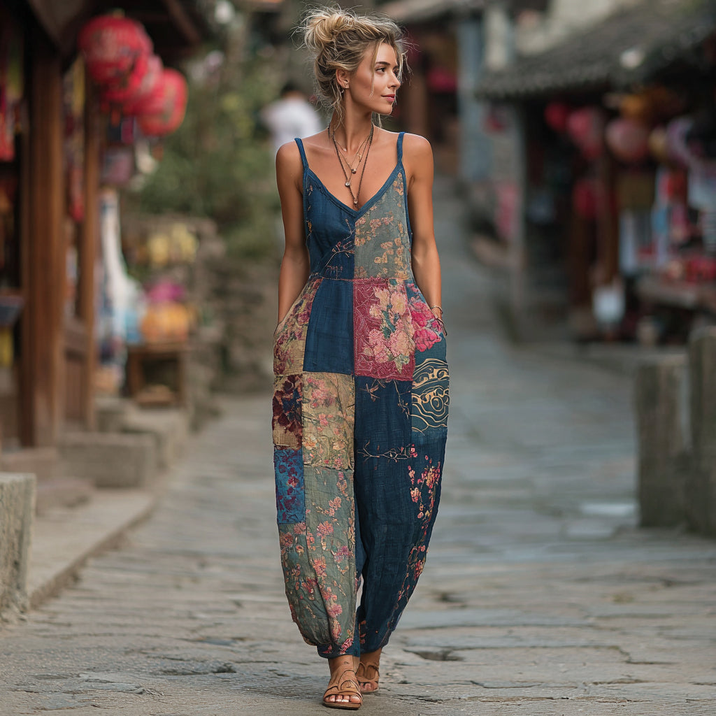 Women's Japanese-style Floral Linen Sleeveless V-neck Jumpsuit
