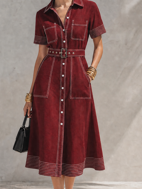 Women's Vintage Style Burgundy Cotton Blend Collared Short Sleeve Contrast Topstitch Belted Button-Front Midi Shirt Dress MDZ1453G7ZSQ