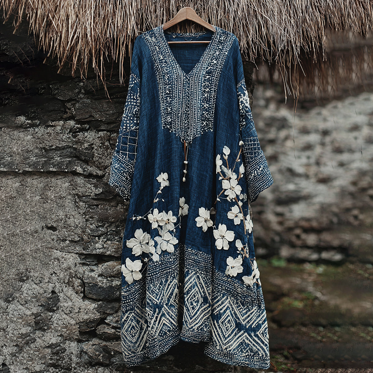 Women's Traditional Japanese Sashiko Art V-neck Dress